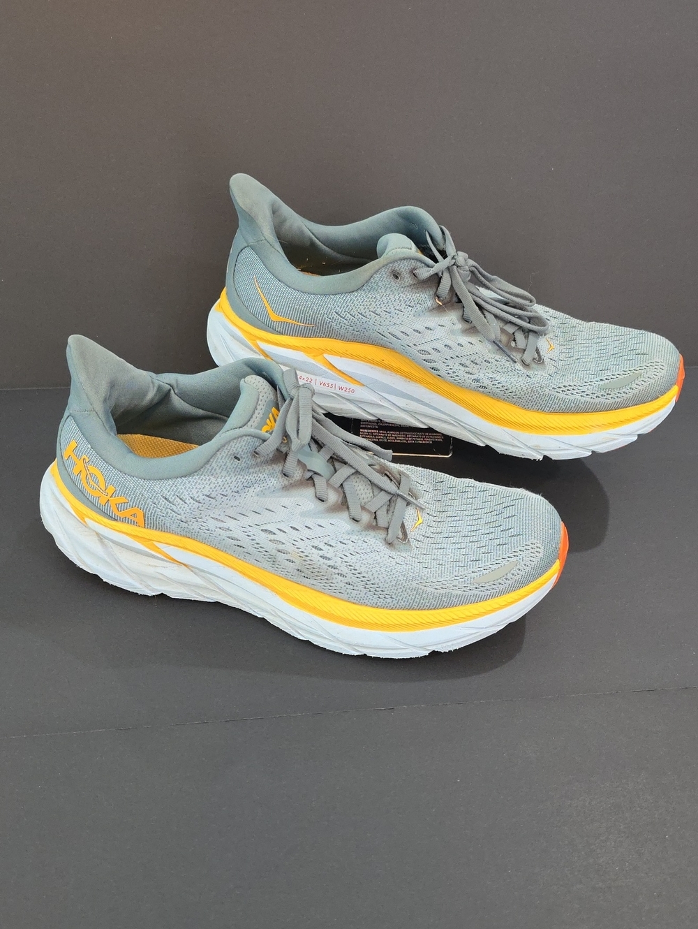 Hoka Clifton 8 Men's Gray and Yellow Sneakers Size 10 D Women Size 11.5 D Wide
